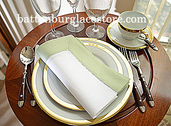 White Hemstitch Dinner Napkin with Tender Green border - Click Image to Close